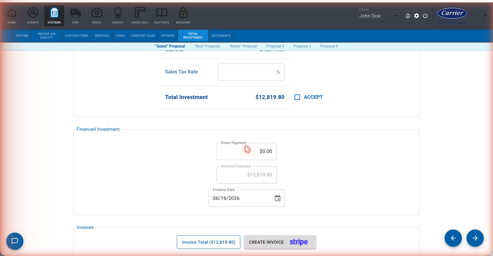 Pricing, financing, deposits, and invoices stay in one flow.