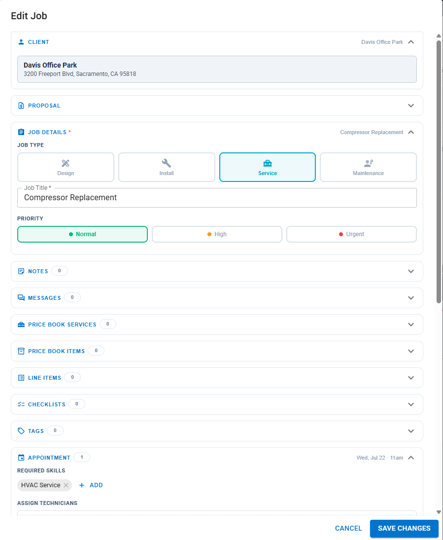 AirMatch job editor with proposal, checklists, and required skills
